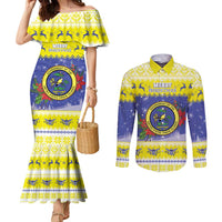 United States Virgin Islands Christmas Couples Matching Mermaid Dress and Long Sleeve Button Shirt Coat Of Arms With Poinsettia - Wonder Print Shop