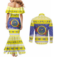 United States Virgin Islands Christmas Couples Matching Mermaid Dress and Long Sleeve Button Shirt Coat Of Arms With Poinsettia - Wonder Print Shop