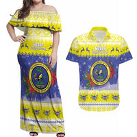 United States Virgin Islands Christmas Couples Matching Off Shoulder Maxi Dress and Hawaiian Shirt Coat Of Arms With Poinsettia - Wonder Print Shop
