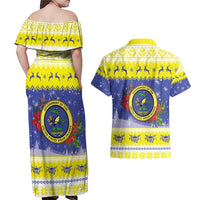 United States Virgin Islands Christmas Couples Matching Off Shoulder Maxi Dress and Hawaiian Shirt Coat Of Arms With Poinsettia - Wonder Print Shop