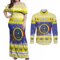 United States Virgin Islands Christmas Couples Matching Off Shoulder Maxi Dress and Long Sleeve Button Shirt Coat Of Arms With Poinsettia - Wonder Print Shop