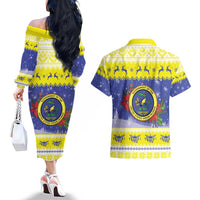 United States Virgin Islands Christmas Couples Matching Off The Shoulder Long Sleeve Dress and Hawaiian Shirt Coat Of Arms With Poinsettia - Wonder Print Shop