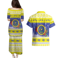 United States Virgin Islands Christmas Couples Matching Puletasi and Hawaiian Shirt Coat Of Arms With Poinsettia - Wonder Print Shop