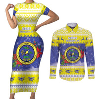 United States Virgin Islands Christmas Couples Matching Short Sleeve Bodycon Dress and Long Sleeve Button Shirt Coat Of Arms With Poinsettia - Wonder Print Shop
