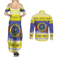 United States Virgin Islands Christmas Couples Matching Summer Maxi Dress and Long Sleeve Button Shirt Coat Of Arms With Poinsettia - Wonder Print Shop