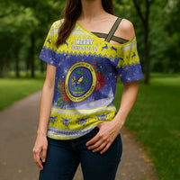 United States Virgin Islands Christmas Cross Shoulder Shirt Coat Of Arms With Poinsettia - Wonder Print Shop