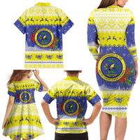 United States Virgin Islands Christmas Family Matching Long Sleeve Bodycon Dress and Hawaiian Shirt Coat Of Arms With Poinsettia - Wonder Print Shop