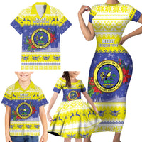 United States Virgin Islands Christmas Family Matching Short Sleeve Bodycon Dress and Hawaiian Shirt Coat Of Arms With Poinsettia - Wonder Print Shop