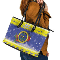 United States Virgin Islands Christmas Leather Tote Bag Coat Of Arms With Poinsettia - Wonder Print Shop