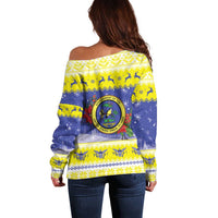 United States Virgin Islands Christmas Off Shoulder Sweater Coat Of Arms With Poinsettia - Wonder Print Shop