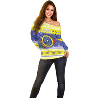 United States Virgin Islands Christmas Off Shoulder Sweater Coat Of Arms With Poinsettia - Wonder Print Shop