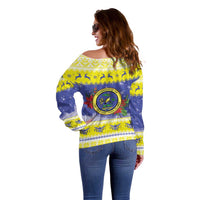 United States Virgin Islands Christmas Off Shoulder Sweater Coat Of Arms With Poinsettia - Wonder Print Shop