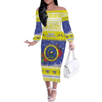 United States Virgin Islands Christmas Off The Shoulder Long Sleeve Dress Coat Of Arms With Poinsettia - Wonder Print Shop