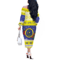 United States Virgin Islands Christmas Off The Shoulder Long Sleeve Dress Coat Of Arms With Poinsettia - Wonder Print Shop
