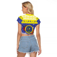 United States Virgin Islands Christmas Raglan Cropped T Shirt Coat Of Arms With Poinsettia - Wonder Print Shop