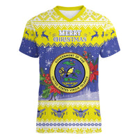 United States Virgin Islands Christmas Women V-Neck T-Shirt Coat Of Arms With Poinsettia - Wonder Print Shop