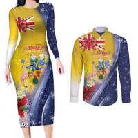 Turks And Caicos Islands Christmas Couples Matching Long Sleeve Bodycon Dress and Long Sleeve Button Shirt Coquette Bow With Coat Of Arms - Wonder Print Shop