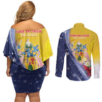 Turks And Caicos Islands Christmas Couples Matching Off Shoulder Short Dress and Long Sleeve Button Shirt Coquette Bow With Coat Of Arms - Wonder Print Shop