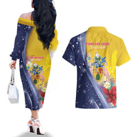 Turks And Caicos Islands Christmas Couples Matching Off The Shoulder Long Sleeve Dress and Hawaiian Shirt Coquette Bow With Coat Of Arms - Wonder Print Shop
