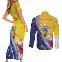 Turks And Caicos Islands Christmas Couples Matching Short Sleeve Bodycon Dress and Long Sleeve Button Shirt Coquette Bow With Coat Of Arms - Wonder Print Shop