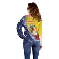 Turks And Caicos Islands Christmas Off Shoulder Sweater Coquette Bow With Coat Of Arms - Wonder Print Shop