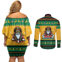 Jamaica Christmas Couples Matching Off Shoulder Short Dress and Long Sleeve Button Shirt Have Ah Irie Irie Christmas - Wonder Print Shop