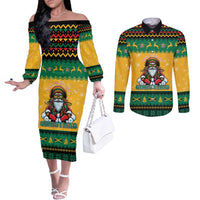Jamaica Christmas Couples Matching Off The Shoulder Long Sleeve Dress and Long Sleeve Button Shirt Have Ah Irie Irie Christmas - Wonder Print Shop