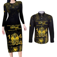 Haiti 1804 Couples Matching Long Sleeve Bodycon Dress and Long Sleeve Button Shirt Gold Tropical Leaves And Coat Of Arms - Wonder Print Shop