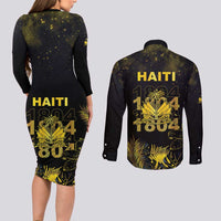 Haiti 1804 Couples Matching Long Sleeve Bodycon Dress and Long Sleeve Button Shirt Gold Tropical Leaves And Coat Of Arms - Wonder Print Shop