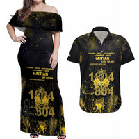 Haiti 1804 Couples Matching Off Shoulder Maxi Dress and Hawaiian Shirt Gold Tropical Leaves And Coat Of Arms - Wonder Print Shop