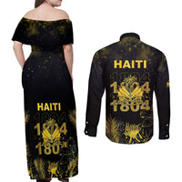 Haiti 1804 Couples Matching Off Shoulder Maxi Dress and Long Sleeve Button Shirt Gold Tropical Leaves And Coat Of Arms - Wonder Print Shop