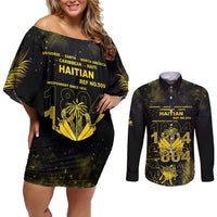 Haiti 1804 Couples Matching Off Shoulder Short Dress and Long Sleeve Button Shirt Gold Tropical Leaves And Coat Of Arms - Wonder Print Shop