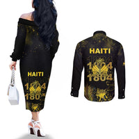 Haiti 1804 Couples Matching Off The Shoulder Long Sleeve Dress and Long Sleeve Button Shirt Gold Tropical Leaves And Coat Of Arms - Wonder Print Shop