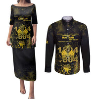 Haiti 1804 Couples Matching Puletasi and Long Sleeve Button Shirt Gold Tropical Leaves And Coat Of Arms - Wonder Print Shop