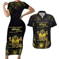 Haiti 1804 Couples Matching Short Sleeve Bodycon Dress and Hawaiian Shirt Gold Tropical Leaves And Coat Of Arms - Wonder Print Shop