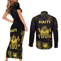 Haiti 1804 Couples Matching Short Sleeve Bodycon Dress and Long Sleeve Button Shirt Gold Tropical Leaves And Coat Of Arms - Wonder Print Shop