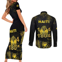 Haiti 1804 Couples Matching Short Sleeve Bodycon Dress and Long Sleeve Button Shirt Gold Tropical Leaves And Coat Of Arms - Wonder Print Shop