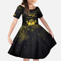 Haiti 1804 Family Matching Long Sleeve Bodycon Dress and Hawaiian Shirt Gold Tropical Leaves And Coat Of Arms - Wonder Print Shop