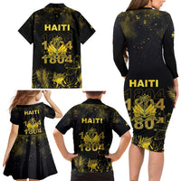 Haiti 1804 Family Matching Long Sleeve Bodycon Dress and Hawaiian Shirt Gold Tropical Leaves And Coat Of Arms - Wonder Print Shop