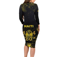 Haiti 1804 Family Matching Long Sleeve Bodycon Dress and Hawaiian Shirt Gold Tropical Leaves And Coat Of Arms - Wonder Print Shop
