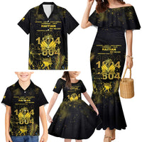 Haiti 1804 Family Matching Mermaid Dress and Hawaiian Shirt Gold Tropical Leaves And Coat Of Arms - Wonder Print Shop