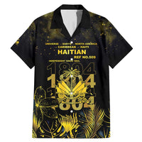 Haiti 1804 Family Matching Mermaid Dress and Hawaiian Shirt Gold Tropical Leaves And Coat Of Arms - Wonder Print Shop