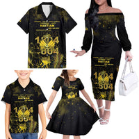 Haiti 1804 Family Matching Off The Shoulder Long Sleeve Dress and Hawaiian Shirt Gold Tropical Leaves And Coat Of Arms - Wonder Print Shop