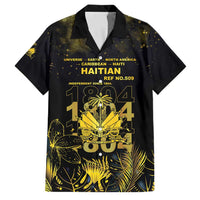 Haiti 1804 Family Matching Off Shoulder Maxi Dress and Hawaiian Shirt Gold Tropical Leaves And Coat Of Arms - Wonder Print Shop