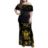 Haiti 1804 Family Matching Off Shoulder Maxi Dress and Hawaiian Shirt Gold Tropical Leaves And Coat Of Arms - Wonder Print Shop