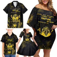 Haiti 1804 Family Matching Off Shoulder Short Dress and Hawaiian Shirt Gold Tropical Leaves And Coat Of Arms - Wonder Print Shop