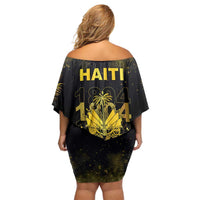 Haiti 1804 Family Matching Off Shoulder Short Dress and Hawaiian Shirt Gold Tropical Leaves And Coat Of Arms - Wonder Print Shop