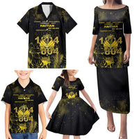 Haiti 1804 Family Matching Puletasi and Hawaiian Shirt Gold Tropical Leaves And Coat Of Arms - Wonder Print Shop