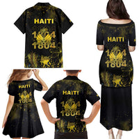 Haiti 1804 Family Matching Puletasi and Hawaiian Shirt Gold Tropical Leaves And Coat Of Arms - Wonder Print Shop