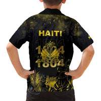Haiti 1804 Family Matching Short Sleeve Bodycon Dress and Hawaiian Shirt Gold Tropical Leaves And Coat Of Arms - Wonder Print Shop